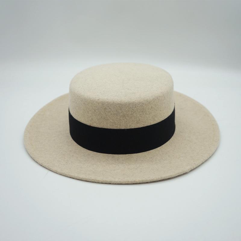 Beige Elegant Retro French Wool Flat Top Top Top Hat Women'S Autumn And Winter Japanese Korean Felt Wide Eaves British Flat Eaves