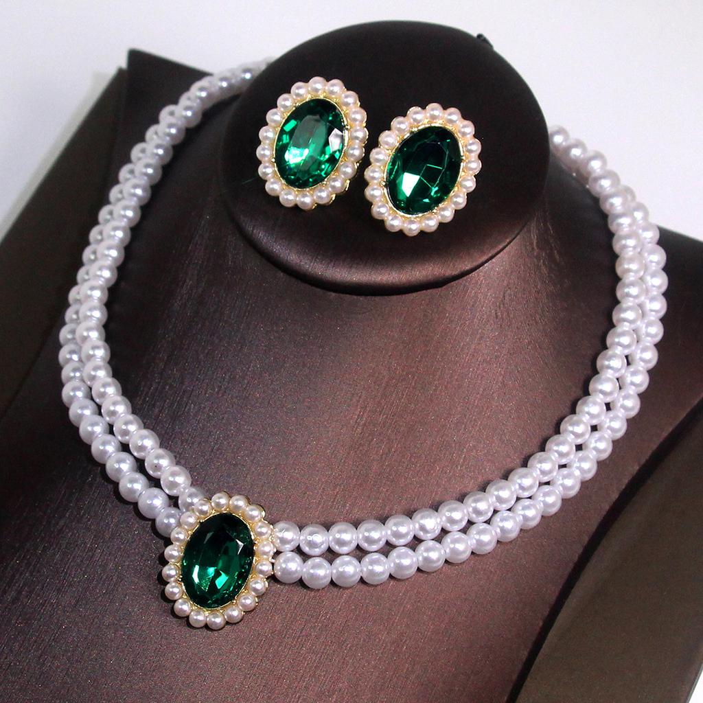 3 pieces of women's trendy double row pearl emerald earrings necklace jewelry set wedding banquet party holiday gifts