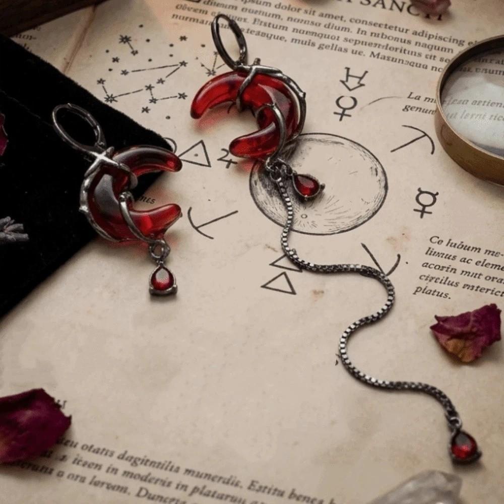Red Crystal Asymmetry Earrings Tassel Chain Women Dangle Earrings Rhinestone Moon Earrings  Gift