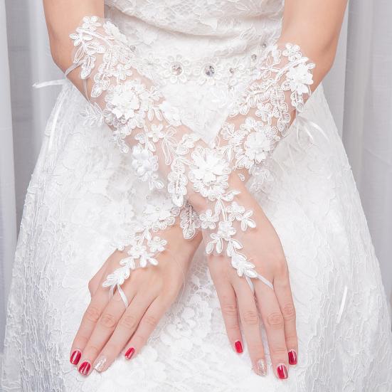 Luvas Longas de Renda Femininas Luvas de Noiva Sem Dedos com Alças para Dedos Pérolas Artificiais Elegantes Acessório de Luvas de Casamento para Chá da Tarde Baile Ópera Noite