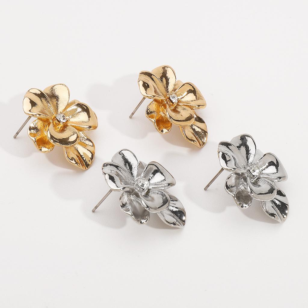 Women French Minimalist Design Metal Flower Stud Earrings Elegant Double Layer Flower Rhinestone Necklace Ring Jewelry