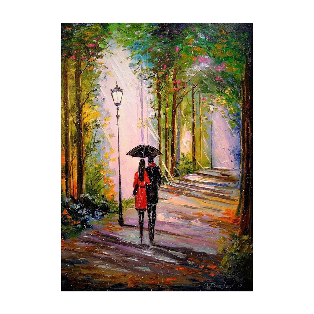 Nordycki Jesienny Deszczowy Pejzaż Plakat Płótno Obraz Olejny Zakochani Spacerujący Obraz Ścienny do Nowoczesnego Salonu Dekoracja Domu