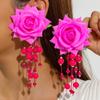 Accessories, colorful three-dimensional rose flower earrings, long fringed flower earrings with fresh fabrics