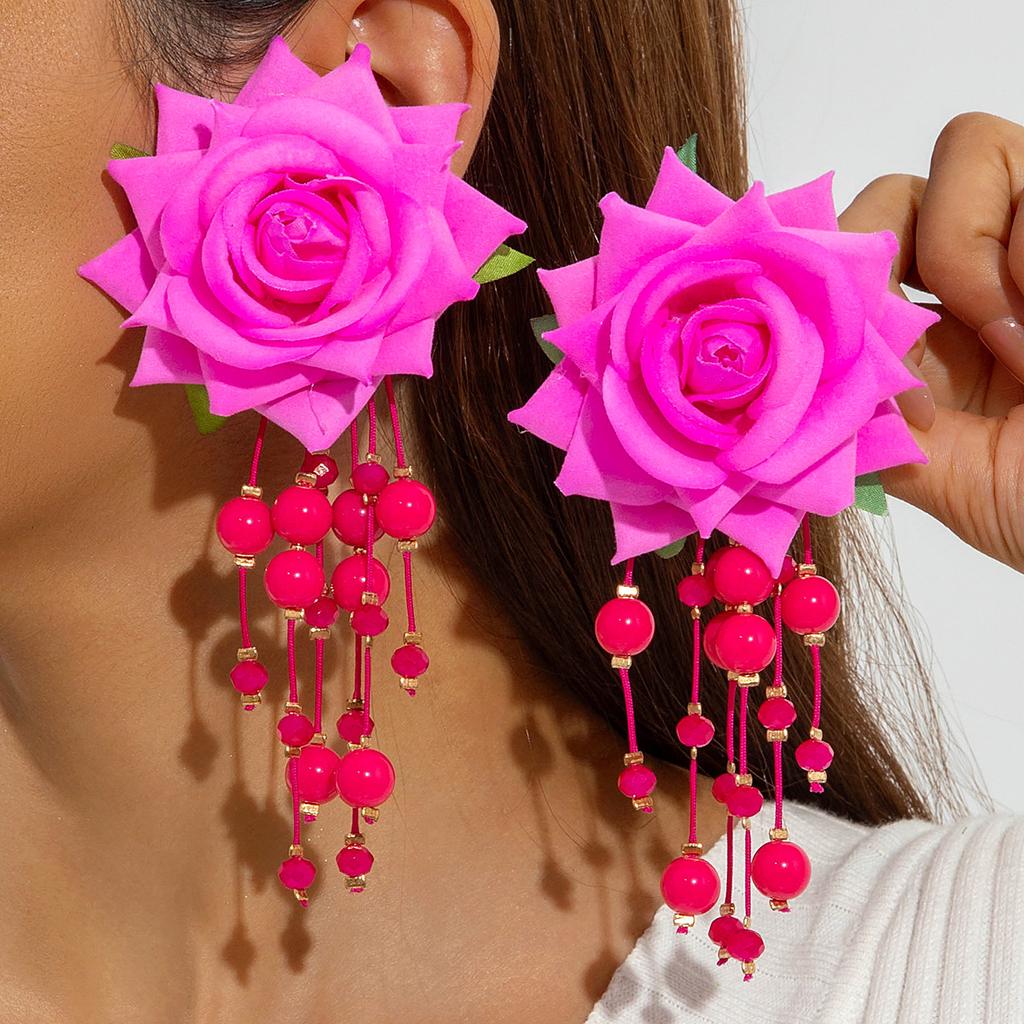 Accessories, colorful three-dimensional rose flower earrings, long fringed flower earrings with fresh fabrics
