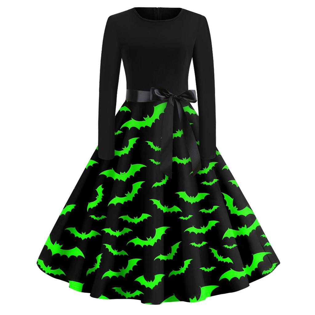 Halloween Print Flare Dress For Women Long Sleeve Dress Hollow Party Casual Round Neck Dresses