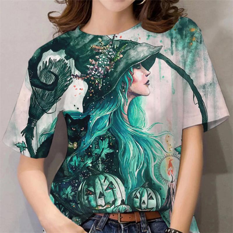 Halloween Pattern T Shirt For Women Witch 3D Printed Short Sleeves Summer Casual Oversized T-Shirts O-Neck Tops Tees Streetwear