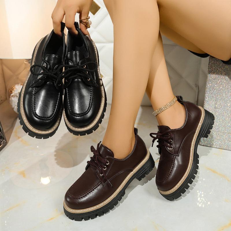 Large-sized Women's Shoes for Autumn Thick-soled Versatile Patent Leather Single Shoes Lofu Shoes