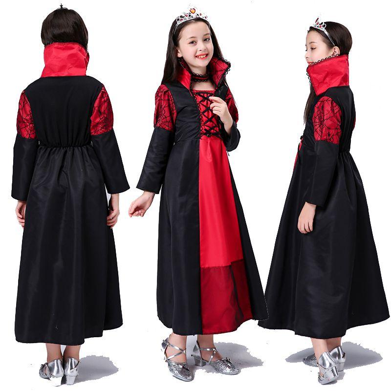 Girls Queen Kids Costume Lace Up Witch Dress Child Halloween Cosplay Sorceress