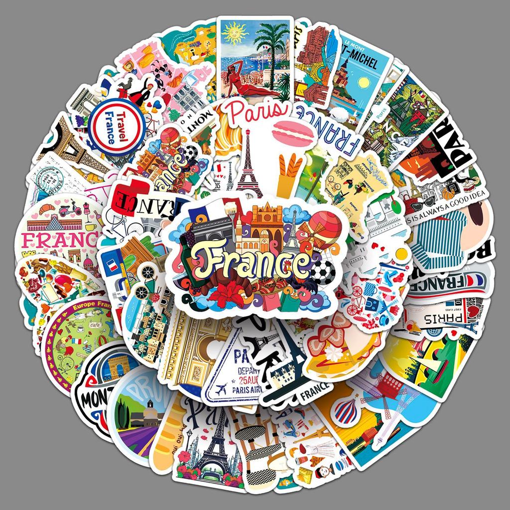 50 French French Personality Cartoon Outdoor Travel Landscape Landmark Decorative Water Cup Suitcase Stickers