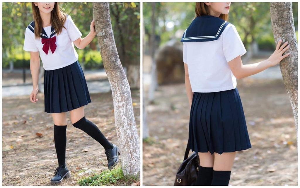 Aculldo Sailor Short School High School Girl JK Uniform with Two White Embroidered Strips and Navy Blue Cute and Perfect for School Cultural and