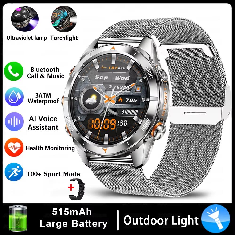 New Sport Smart Watch Men 1.46" AMOLED Screen LED 10ATM Waterproof Flashlight 515mAh Battery Heart rate BT Call Smartwatch