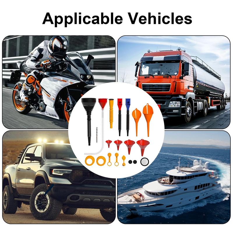 19-teiliges Kfz-Trichterset mit verschiedenen Trichtertypen und 9 Ersatz-Ausgießern für Benzinkanister, geeignet für Autos