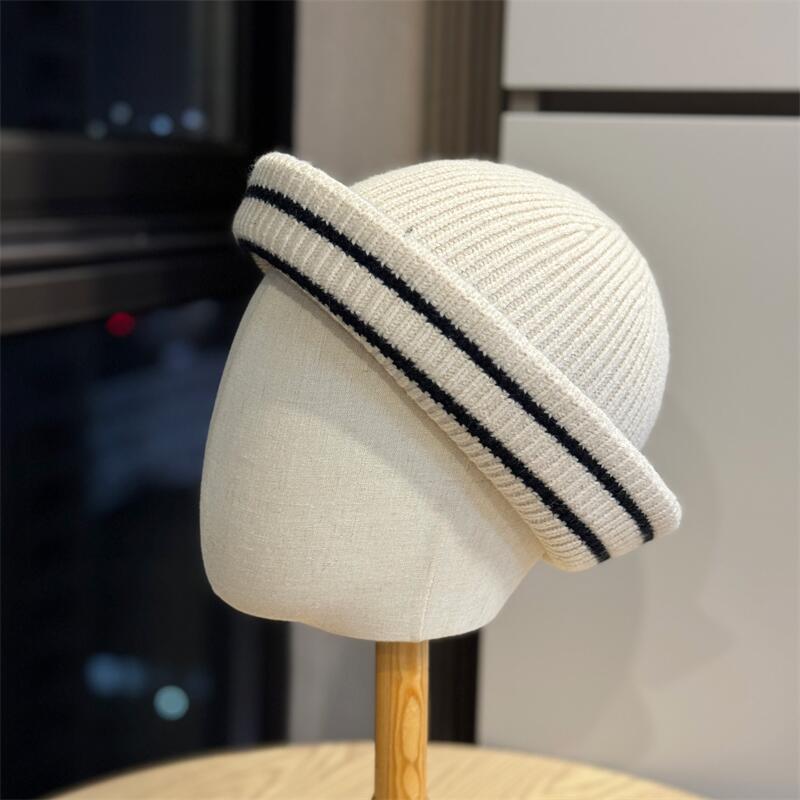 Outdoor design sense 1111 color matching striped handmade knitted sailor hat women's autumn and winter versatile face small wool basin hat