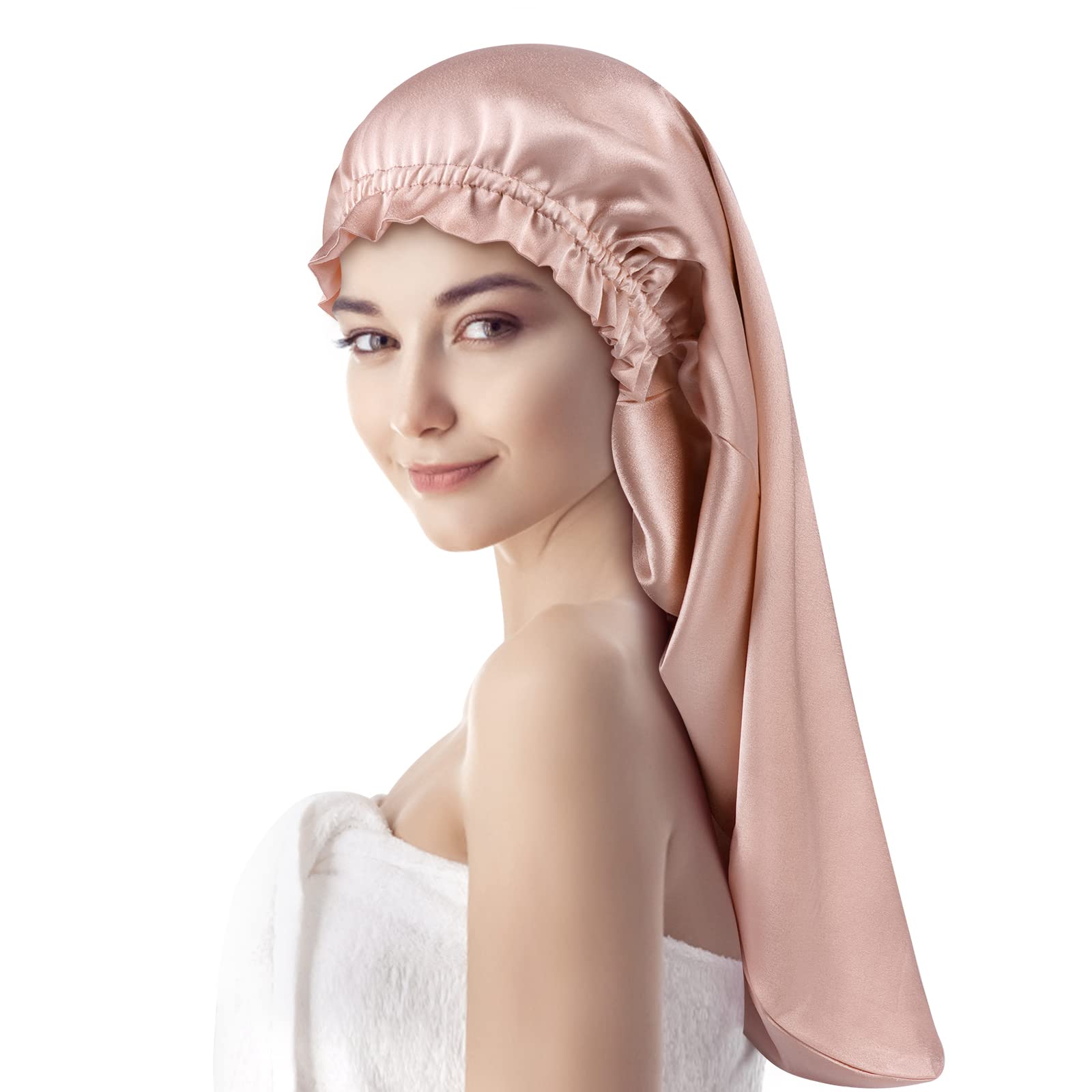 

Нічний ковпак LULUSILK для довгого циліндричного волосся, яке випадає, поки волосся не стане красивим, зменшує, зволожує, для блискучого темного волосся, для післяпологового догляду, жіноче волосся, двошаровий темно-рожевого кольору