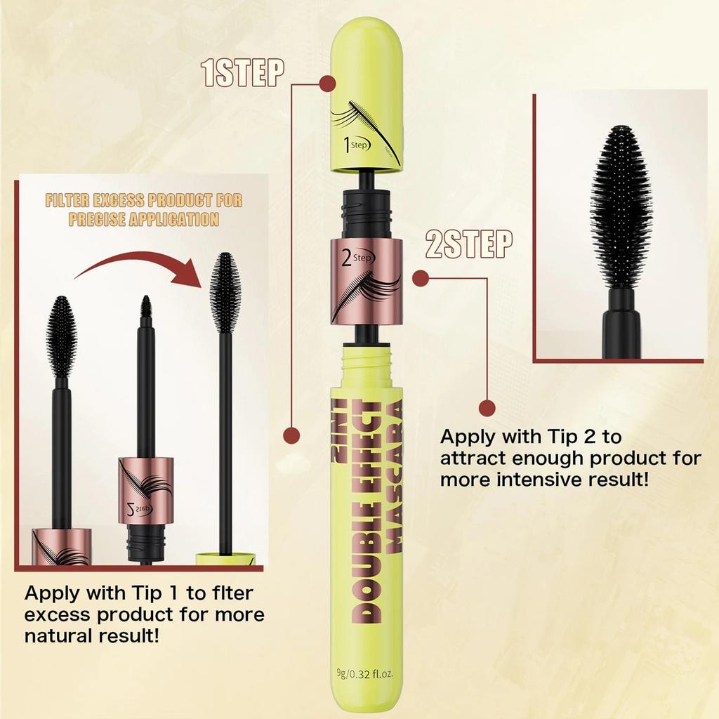 Mascara Imperméable 4D Double Effet Allongeant Naturel Bouclant Volumisant Long Tenue Anti-Bavures Rehausseur de Cils pour Maquillage Quotidien