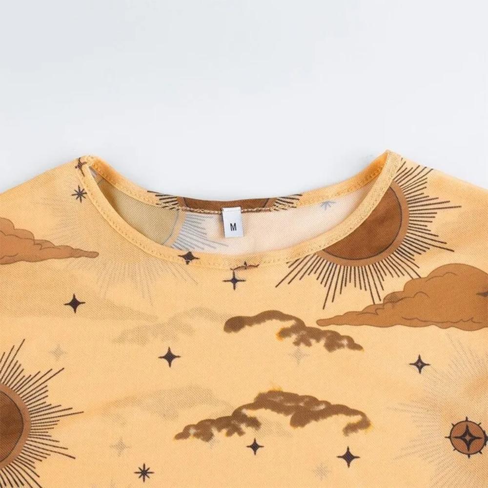Sexy Mesh Long Sleeve T-shirt Women Perspective Crop Top Stars Moon Print Streetwear