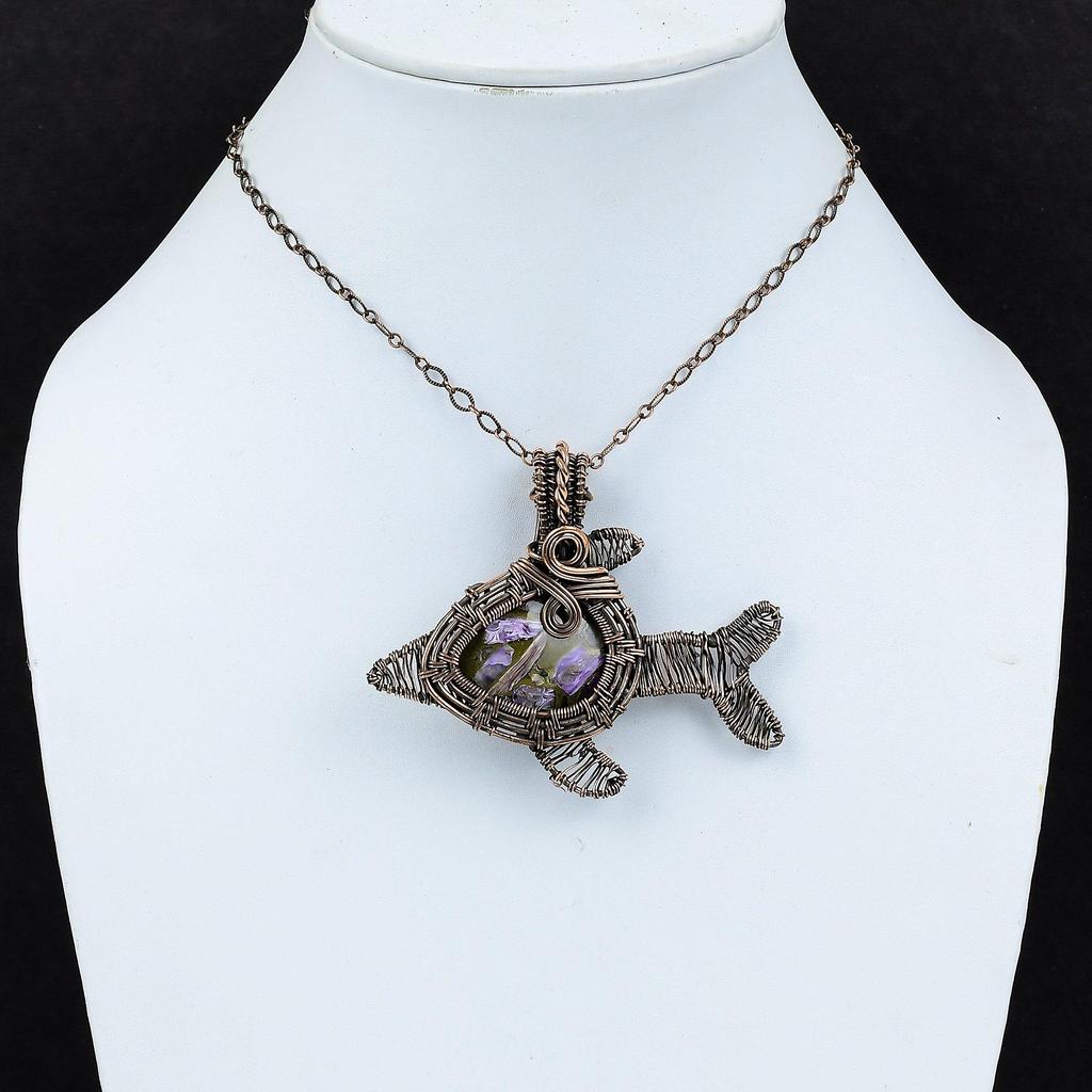Amazing Copper Charoite Gemstone Handmade Pure Copper Wire Wrapped Fish Pendant Jewelry