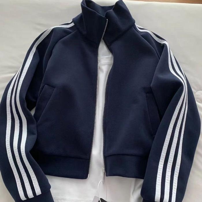 Women s Chic Striped Cotton Jacket - White, Slim Fit, Long Sleeve, Casual Sportswear for Autumn/Winter Small темно-синий