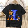 Paw Patrol Chase T-shirt for Children Cartoon Letter A-Z Tee Top Kawaii Round Collar Clothes Fashion Kids Black Clothing Gift