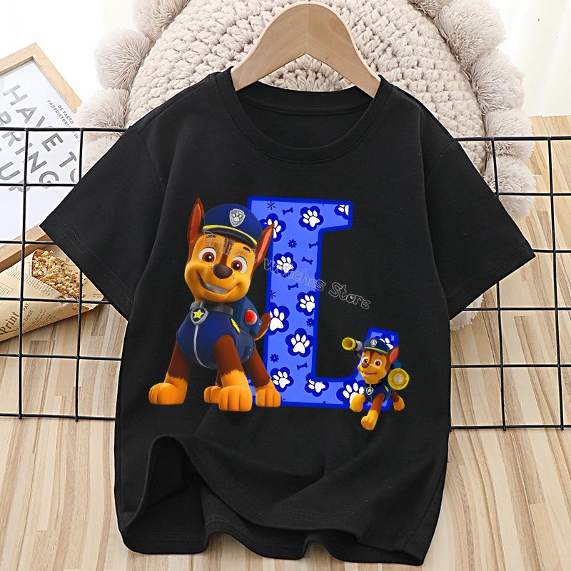 Paw Patrol Chase T-shirt for Children Cartoon Letter A-Z Tee Top Kawaii Round Collar Clothes Fashion Kids Black Clothing Gift