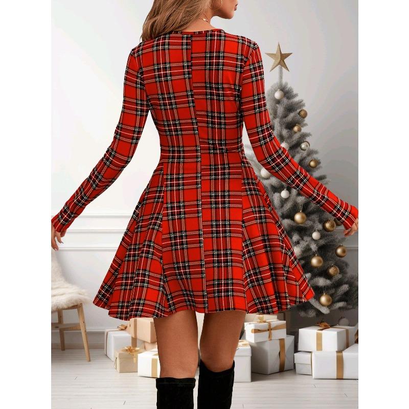 Women's Cute Red Plaid Long Sleeve Dress, Christmas - Vibe Swing Mini Dress, Super Comfy for Holiday Parties & Daily Wear