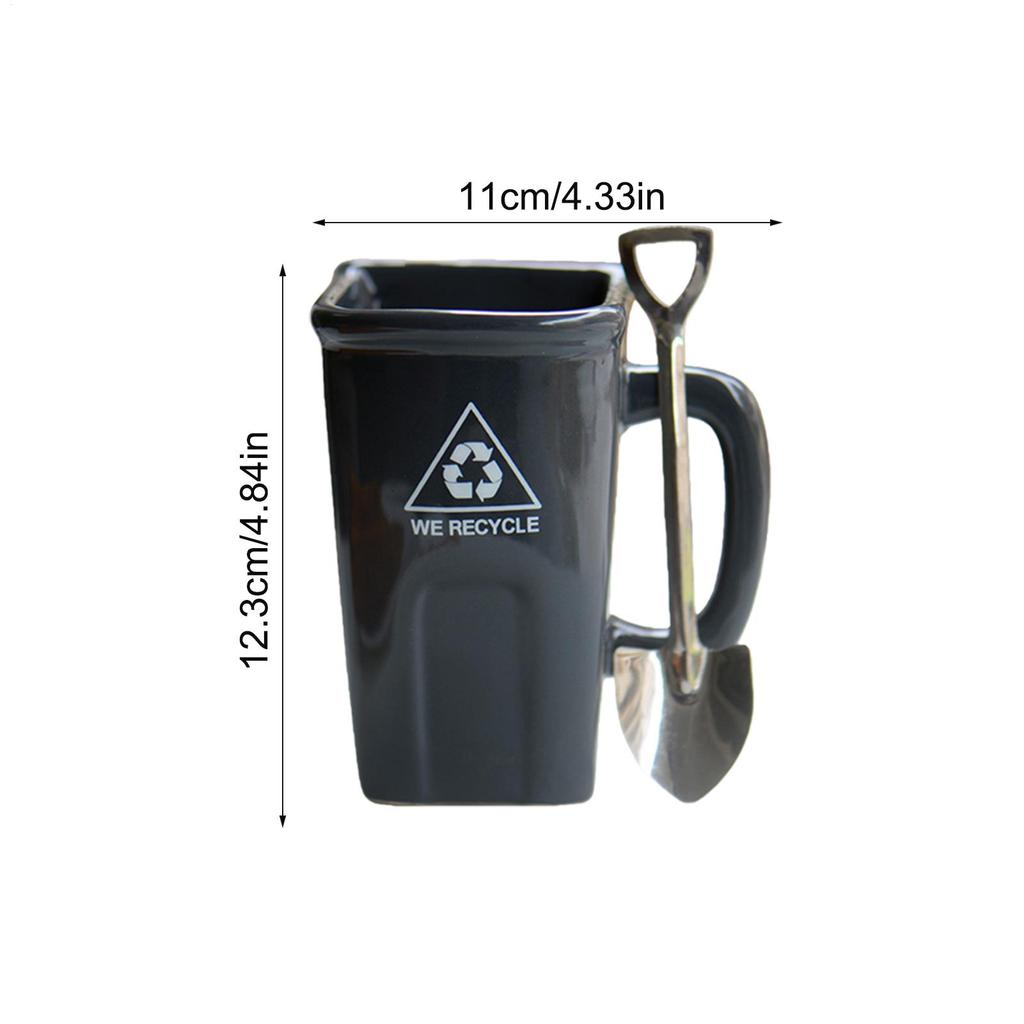Funny Trash Can Shaped Mug with shovel shaped spoon, Creative Ceramic Trash Can-shaped Coffee Mug, Breakfast Cup Microwave Safe