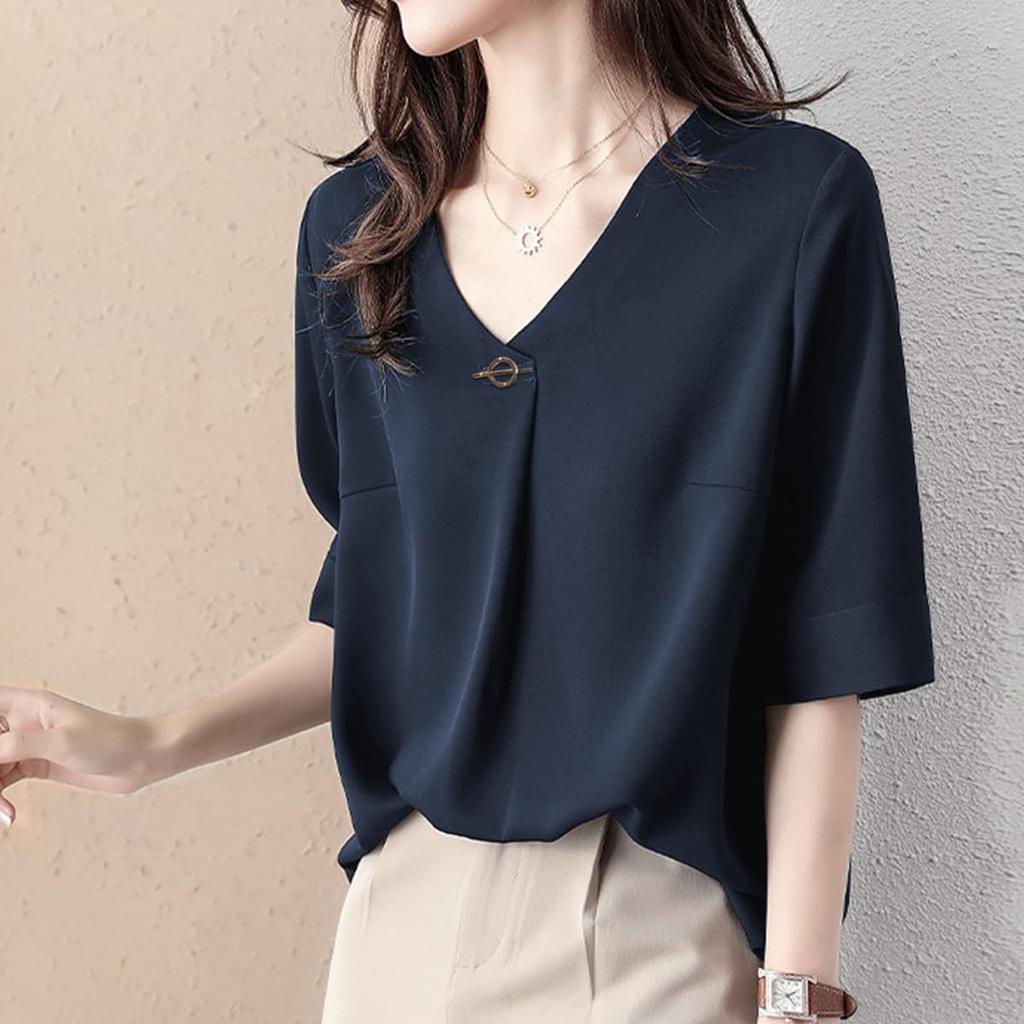 short for summer [Yino] Shirts, blouses, women's, sleeves, tops, V-neck, decorative, tucks, body-concealing, slimming, loose, plain, simple,