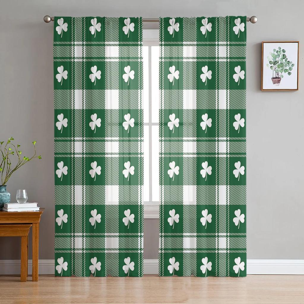 St Patrick Day Curtains Living Room Kitchen Clover Leaves Tulle Luck Wealth Irish Design Chiffon Curtain Light Filtering Polyester Area Window