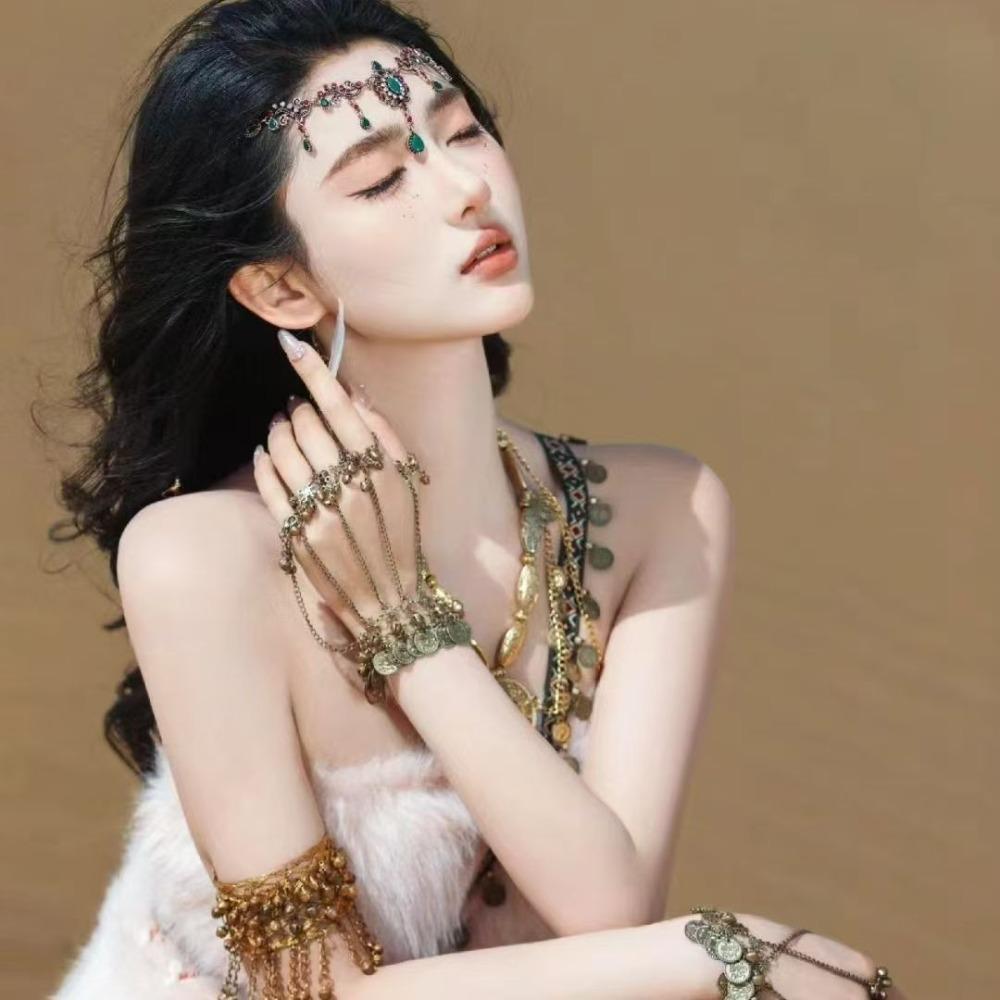 Vintage Tibetan Tassel Necklace Rhinestone Forehead Chain Fashion Ethnic Style Necklace  Wedding