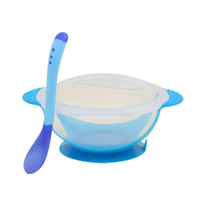 Infant Feeding Bowl Strong Suction Base with Temperature Sensing Spoon Safe for Baby Learning To Eat Independently