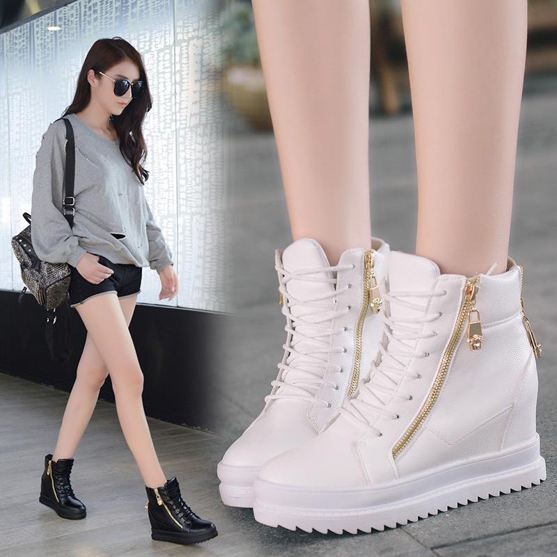 Women's Casual Sports Shoes High-top Side Zipper Comfortable Walking Shoes Female Inner Height-increasing Shoes