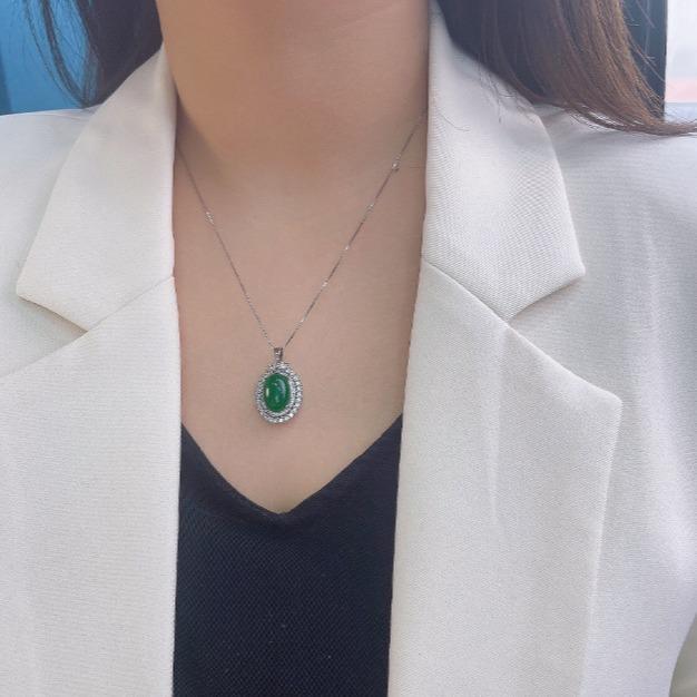 Chalcedony Emerald Oval Malay Jade Korean Version Simple Full of Zirconium Imitation Jadeite Green Jade Necklace Stud Earrings Set Female