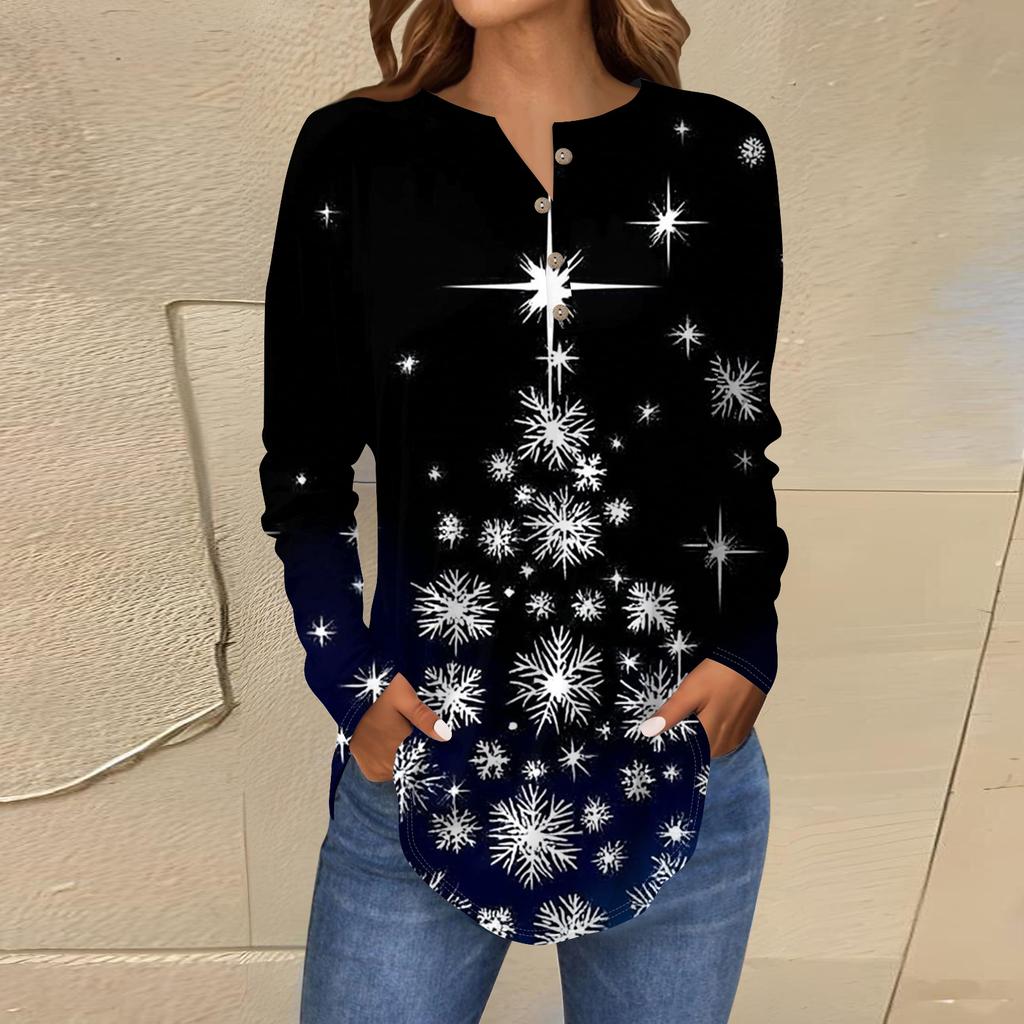 Damska modna bluzka o luźnym kroju z kołnierzykiem zapinanym na guziki i świątecznym nadrukiem z długim rękawem