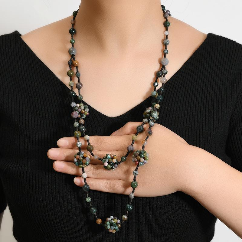 Double-layer natural agate jade necklace, hand-woven sweater chain, niche high-end women's accessories