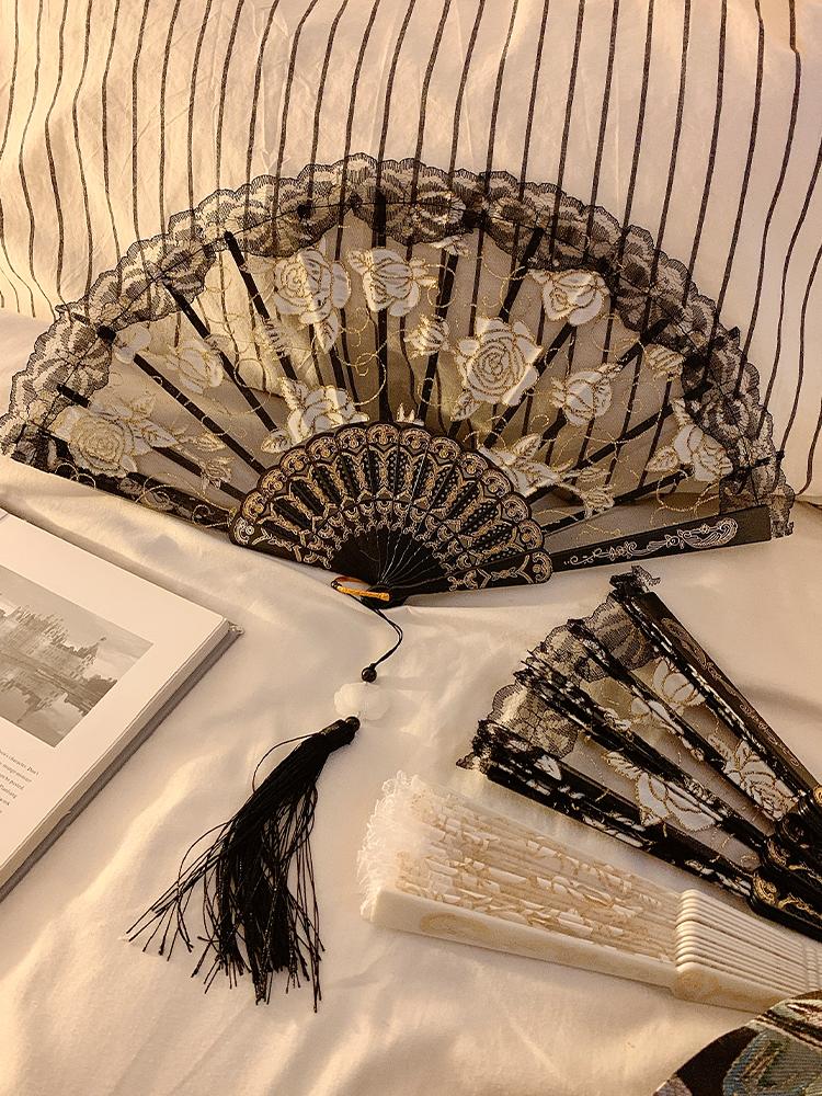 BEPAN Chinese-style black lace folding small fan, summer ancient-style dance horse face skirt folding fan