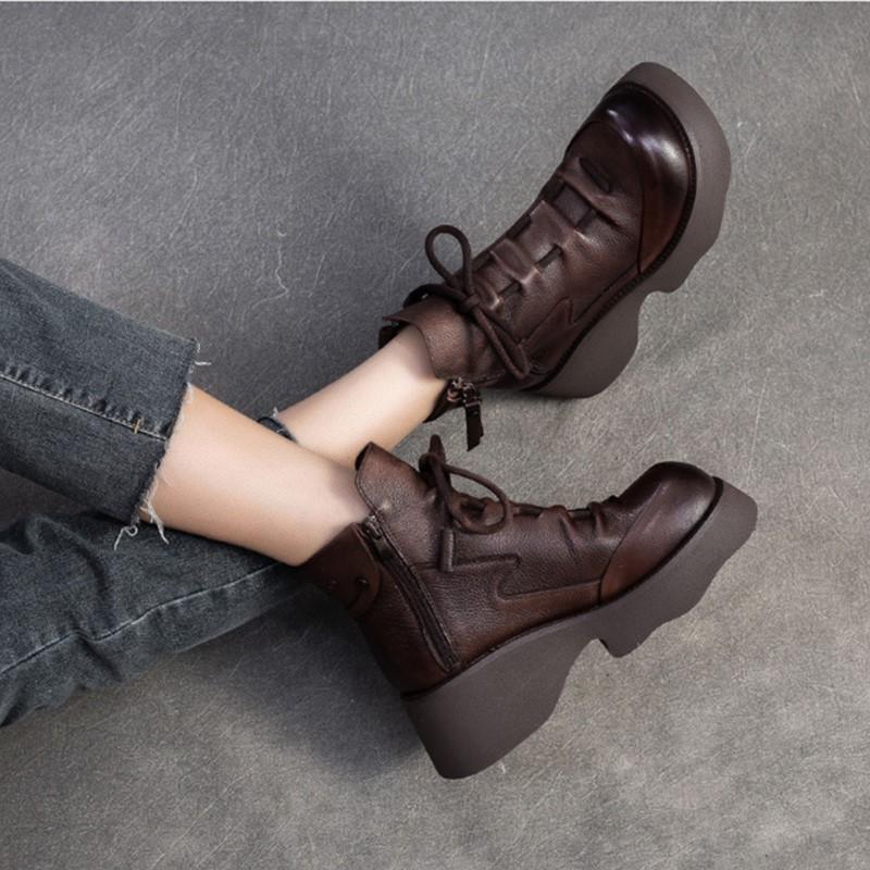 Johnature Genuine Leather Retro Wedges Short Boots With Side Zipper Thick Soled Versatile Women's Boots