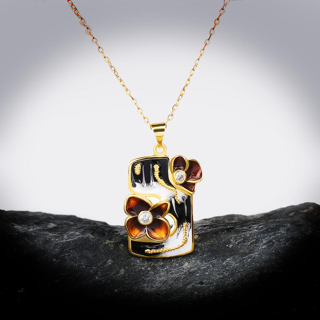 Geometric European and N Womens Necklace with Gold Flowers and Zircon