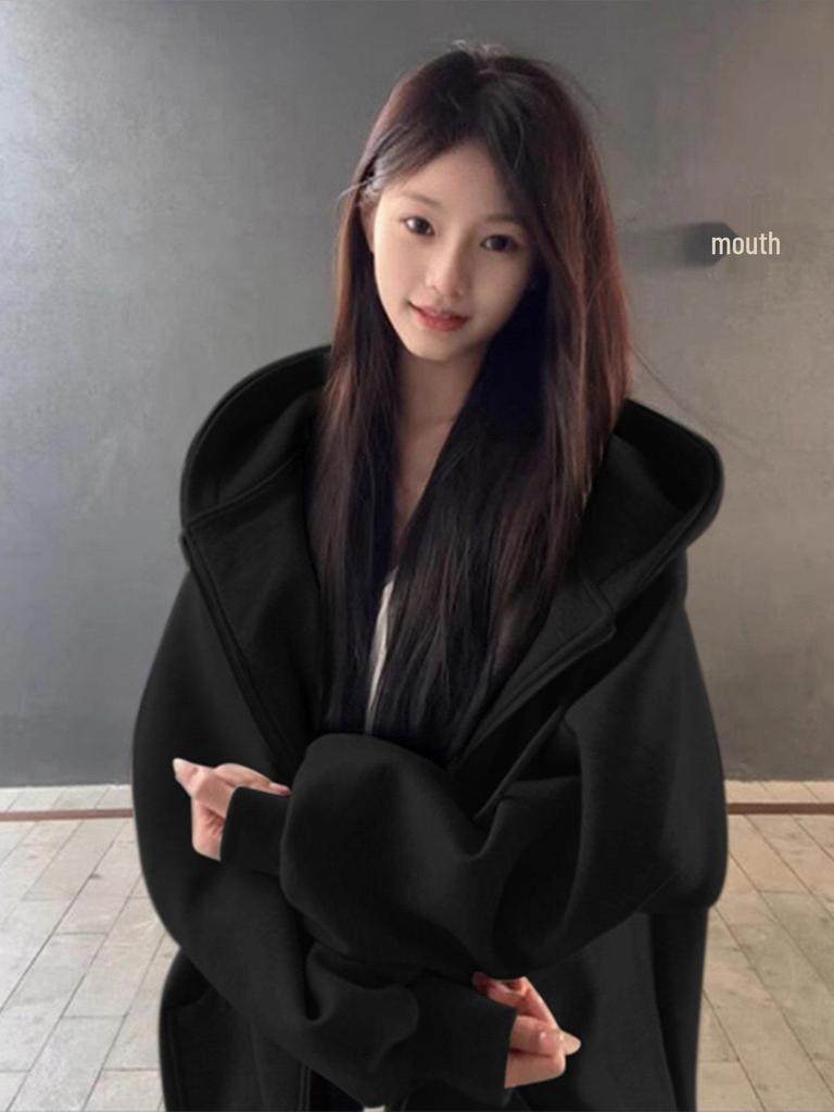 American Chic Black Hooded Women's Oversized Sweatshirt with Plus Velvet - Early Autumn/Winter 2026