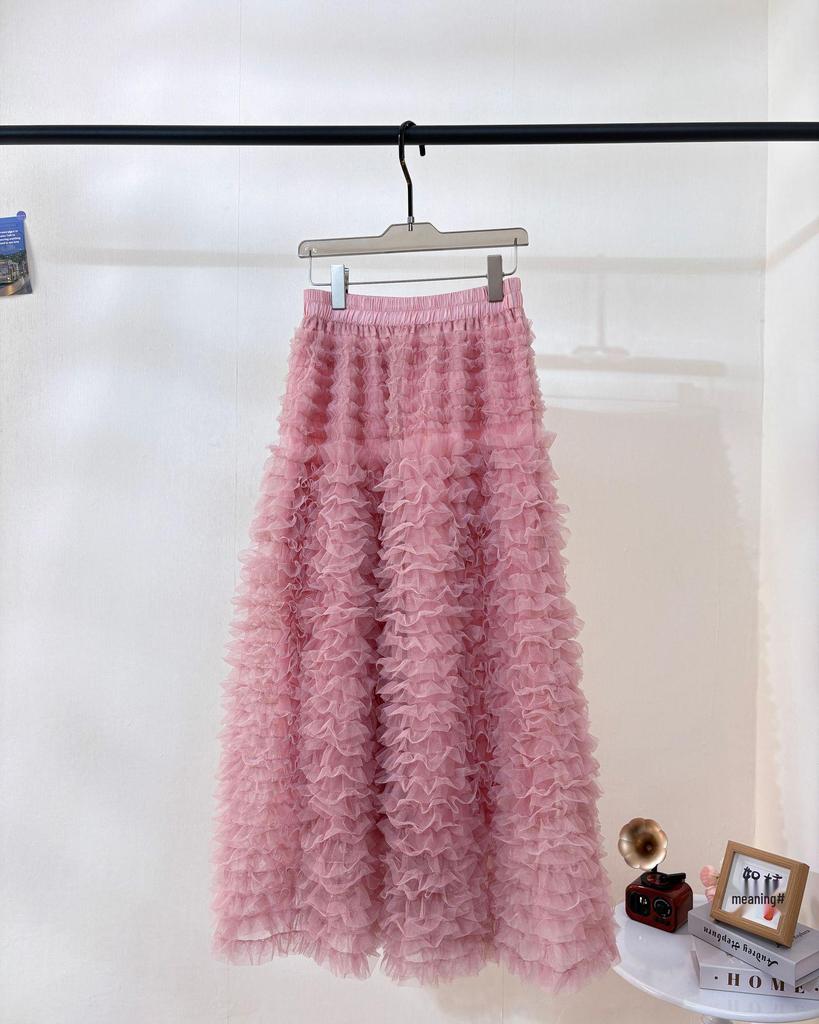 Sweet Apricot Embroidered Mesh Ruffle Midi Skirt - Fluffy, Layered and Versatile for Autumn/Winter