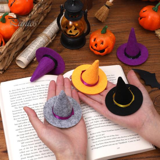 Handmade Ribbon Witch Hat Crafts 2 Pcs Mini Felt Hats, Cute Tiny Wizard Wine Halloween Decorations Bottle Topper for Party Favors, DIY Crafts,