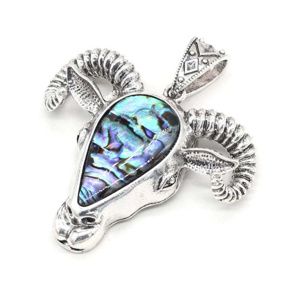 1Pc, Green Natural Abalone Shell Pendant, Vintage Bullhead and Sheep Head Charms for DIY Women Men Necklace Keychain Hanging Decoration Accessories