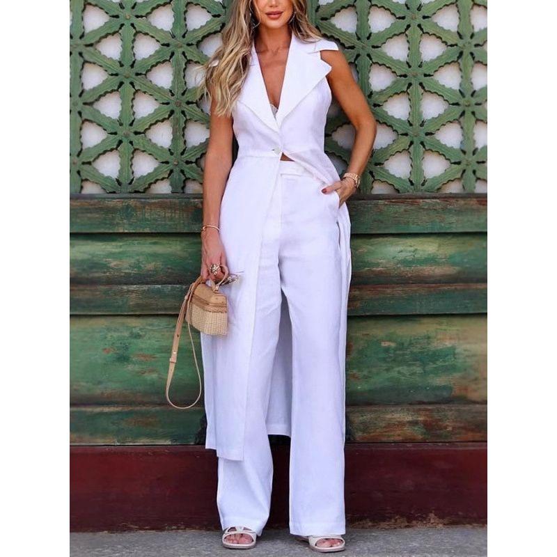 Two Piece Suit and Pants Set European and American Summer Lapel White Suit Trousers Two-piece Set Women