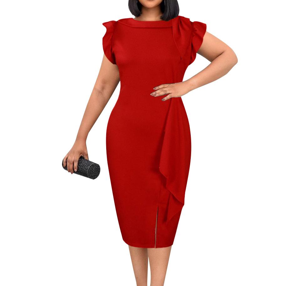 Large Size Women Summer Fashion Solid Ruffled Dress Ladies Elegant One Piece Slit Dress