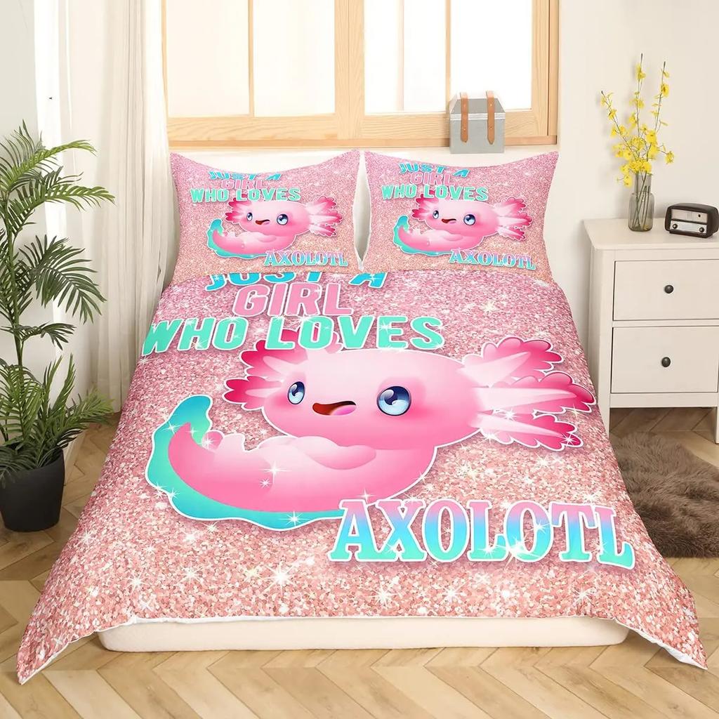 Axolotl Sada povlečení Růžová mláďata Divoká zvířata Povlak na přikrývku s povlaky na polštáře Kreslená chobotnice Zvíře Kawaii styl Dvojitý povlak na přikrývku