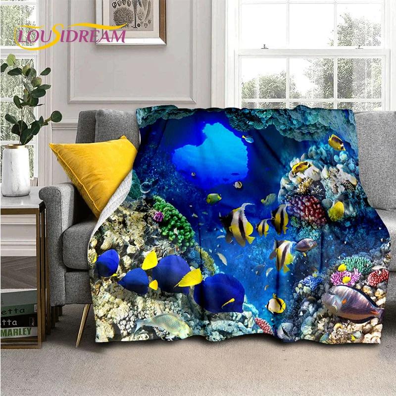 Underwater World 3D Illusion Seabed Cartoon Shark Dolphin Blanket,Soft Throw Blanket for Home Bedroom Bed Sofa Travel Cover Kids