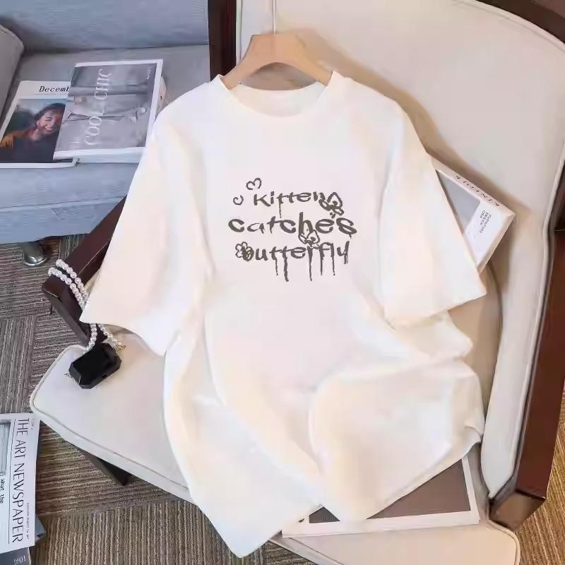 Harajuku cartoon cat Short Sleeve T-shirts Women Summer pure cotton Casual oversized T Shirt Women's Streetwear white Y2k Tops