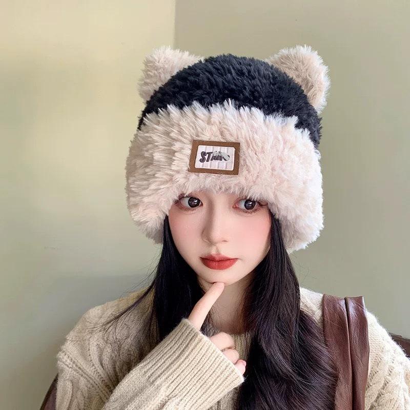 Autumn and Winter Cute Cat Ears Soft Plush Knitted Cold Hats for Women Outdoor Fashion Warm Versatile Pullover Beanies