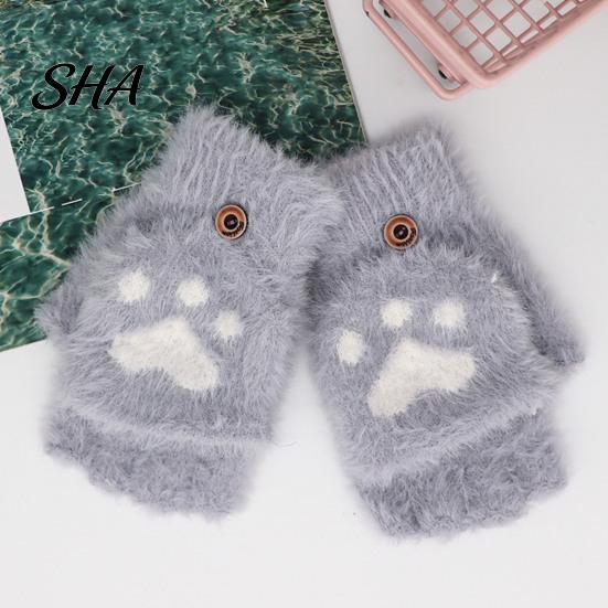 Cute Bear Paw Thermal Mittens Furry Cat Gloves, Flip Top Mitten with Button for Women, Winter Fluffy Plush Accessories Half Finger Gloves Print
