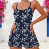 Women Plus Size Scoop Neck Strappy Tank Top Floral Printed Navy Blue Two Piece Shorts Set