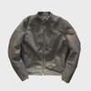 Men's Khaki Distressed Leather Jacket with Stand Collar and Multi-Pocket Design